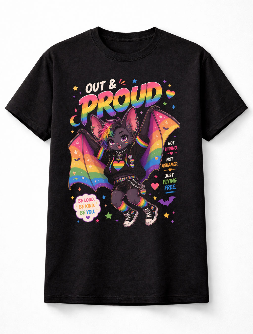 LGBTQ PRIDE Out and Proud Rainbow Bat Graphic Pride Unisex T-Shirt