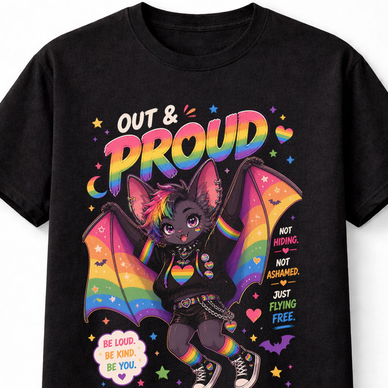 LGBTQ PRIDE Out and Proud Rainbow Bat Graphic Pride Unisex T-Shirt
