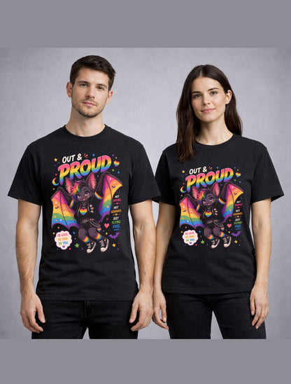 LGBTQ PRIDE Out and Proud Rainbow Bat Graphic Pride Unisex T-Shirt