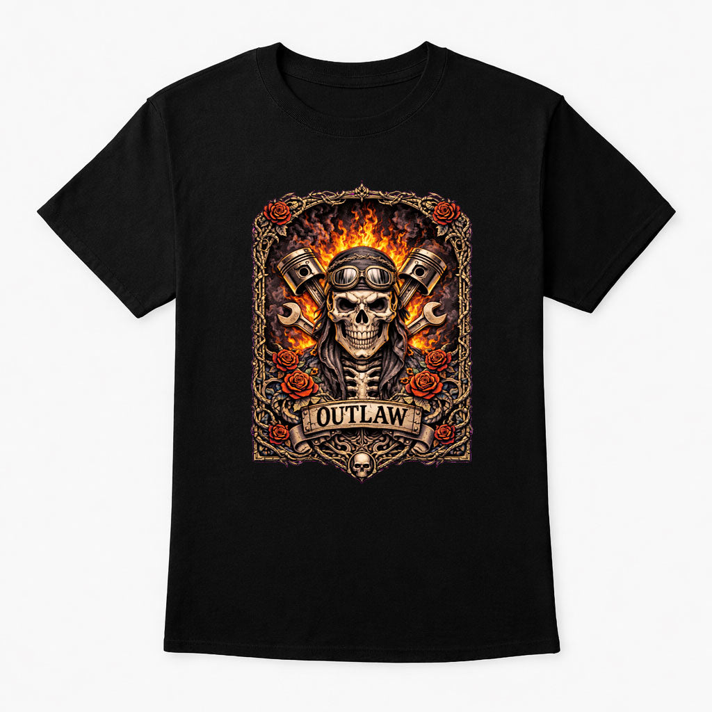 Outlaw Skull Biker Flames T-Shirt Unisex Motorcycle Punk Rock Graphic Tee