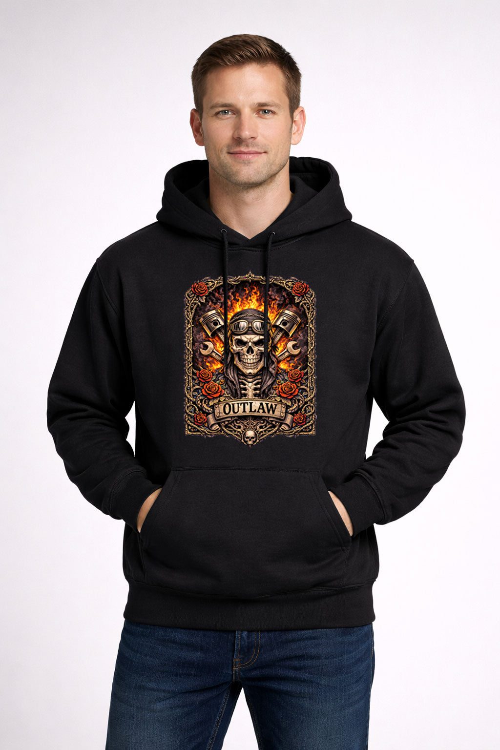 Outlaw Skull Biker Flames T-Shirt Unisex Motorcycle Punk Rock Graphic Tee