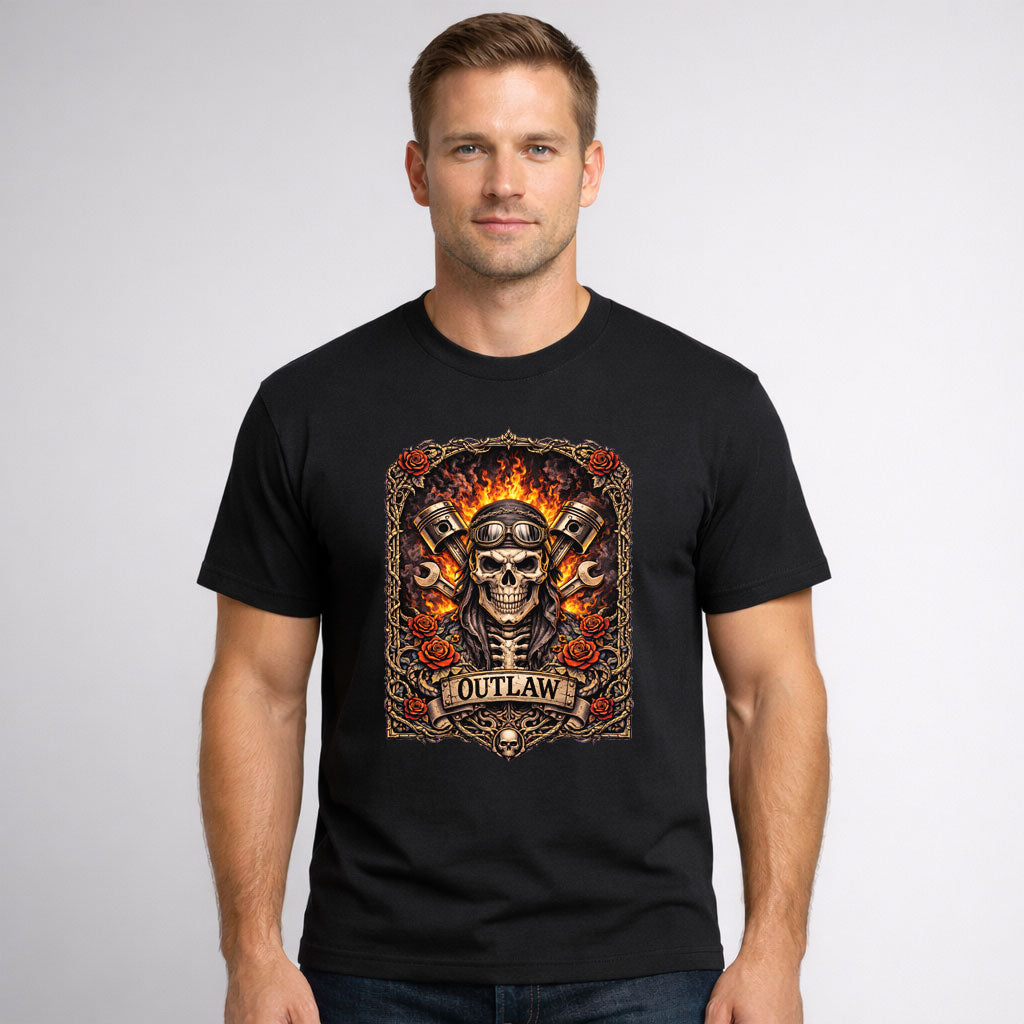Outlaw Skull Biker Flames T-Shirt Unisex Motorcycle Punk Rock Graphic Tee