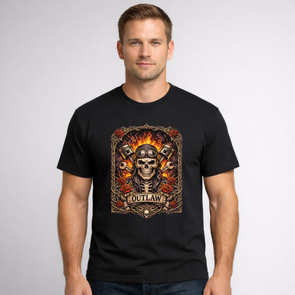 Outlaw Skull Biker Flames T-Shirt Unisex Motorcycle Punk Rock Graphic Tee