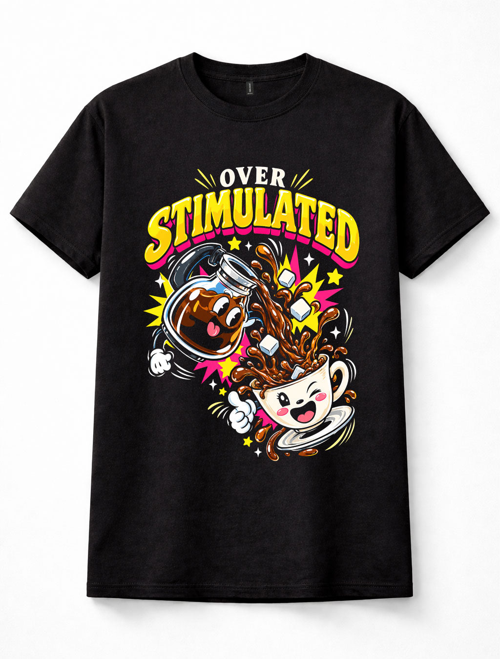 Over Stimulated Coffee Caffeine Funny Cartoon Anxiety Retro Unisex T-Shirt