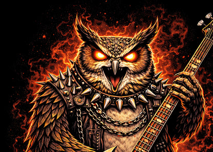 Owl Heavy Metal Rocker Unisex Graphic T-Shirt Gothic Guitar Music Art Tee