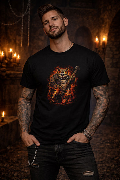Owl Heavy Metal Rocker Unisex Graphic T-Shirt Gothic Guitar Music Art Tee
