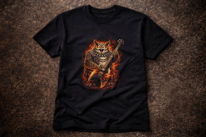 Owl Heavy Metal Rocker Unisex Graphic T-Shirt Gothic Guitar Music Art Tee