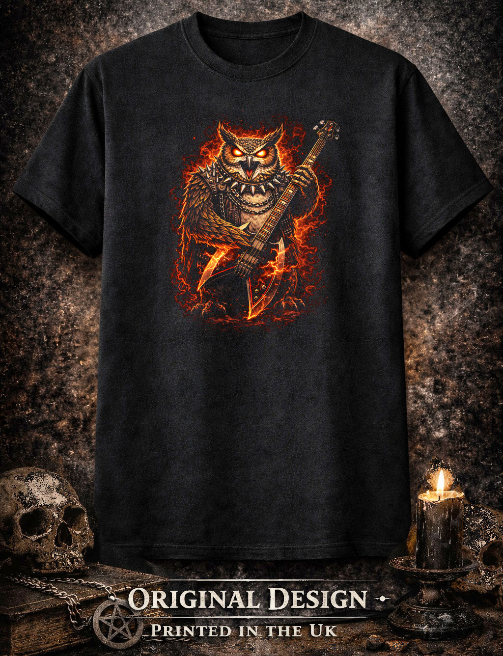Owl Heavy Metal Rocker Unisex Graphic T-Shirt Gothic Guitar Music Art Tee