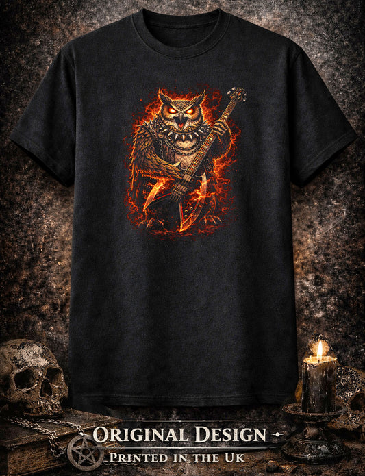 Owl Heavy Metal Rocker Unisex Graphic T-Shirt Gothic Guitar Music Art Tee