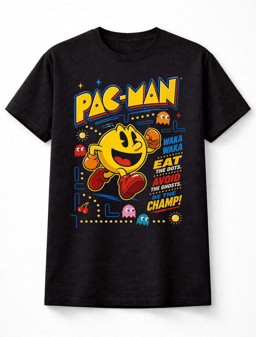 Pac Man T-Shirt Retro Arcade Game Graphic Tee Classic Namco Video Game Character Shirt Ghost Chase Pixel Art Gamer Gift Vintage 80s Gaming Adults & Kids Unisex T-Shirt
