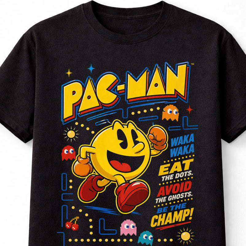 Pac Man T-Shirt Retro Arcade Game Graphic Tee Classic Namco Video Game Character Shirt Ghost Chase Pixel Art Gamer Gift Vintage 80s Gaming Adults & Kids Unisex T-Shirt