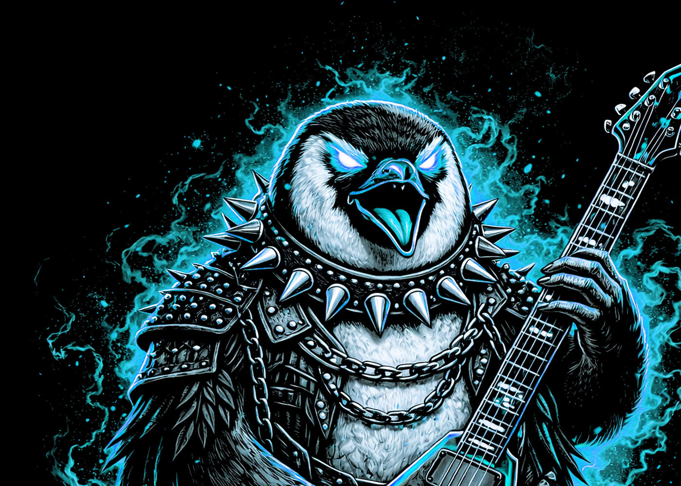 Penguin Heavy Metal Rocker Unisex Graphic T-Shirt Gothic Guitar Music Art Tee