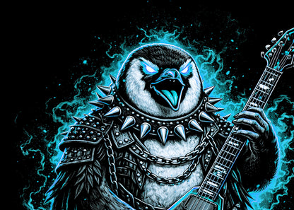 Penguin Heavy Metal Rocker Unisex Graphic T-Shirt Gothic Guitar Music Art Tee