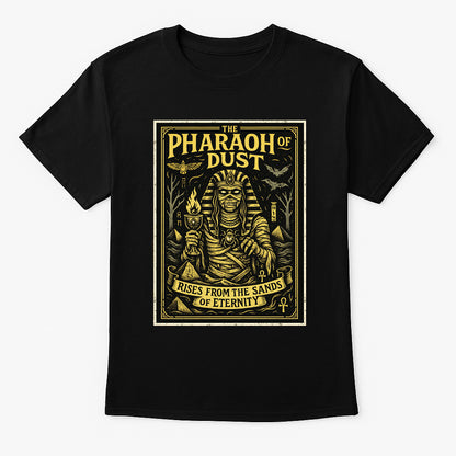 Pharaoh of Dust unisex t-shirt featuring mummified pharaoh with torch and ancient symbols, gold gothic design printed on black cotton tee