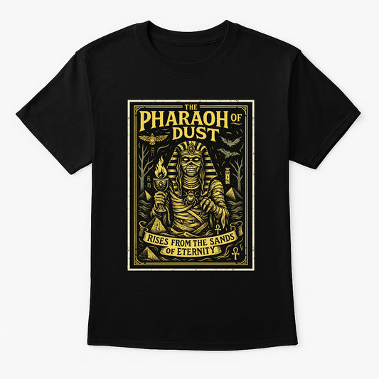 Pharaoh of Dust unisex t-shirt featuring mummified pharaoh with torch and ancient symbols, gold gothic design printed on black cotton tee