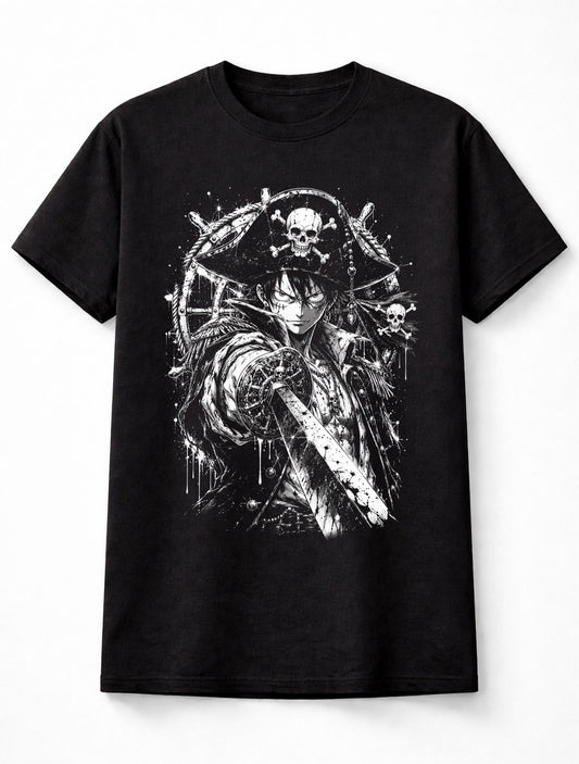 Anime Pirate Captain Sword Skull Manga Graphic Black Unisex T-Shirt