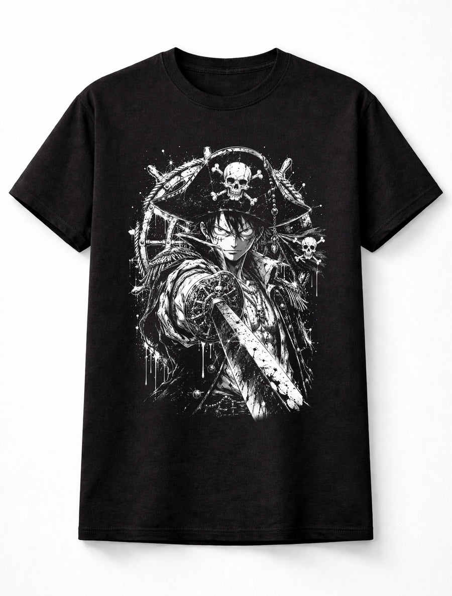 Anime Pirate Captain Sword Skull Manga Graphic Black Unisex T-Shirt