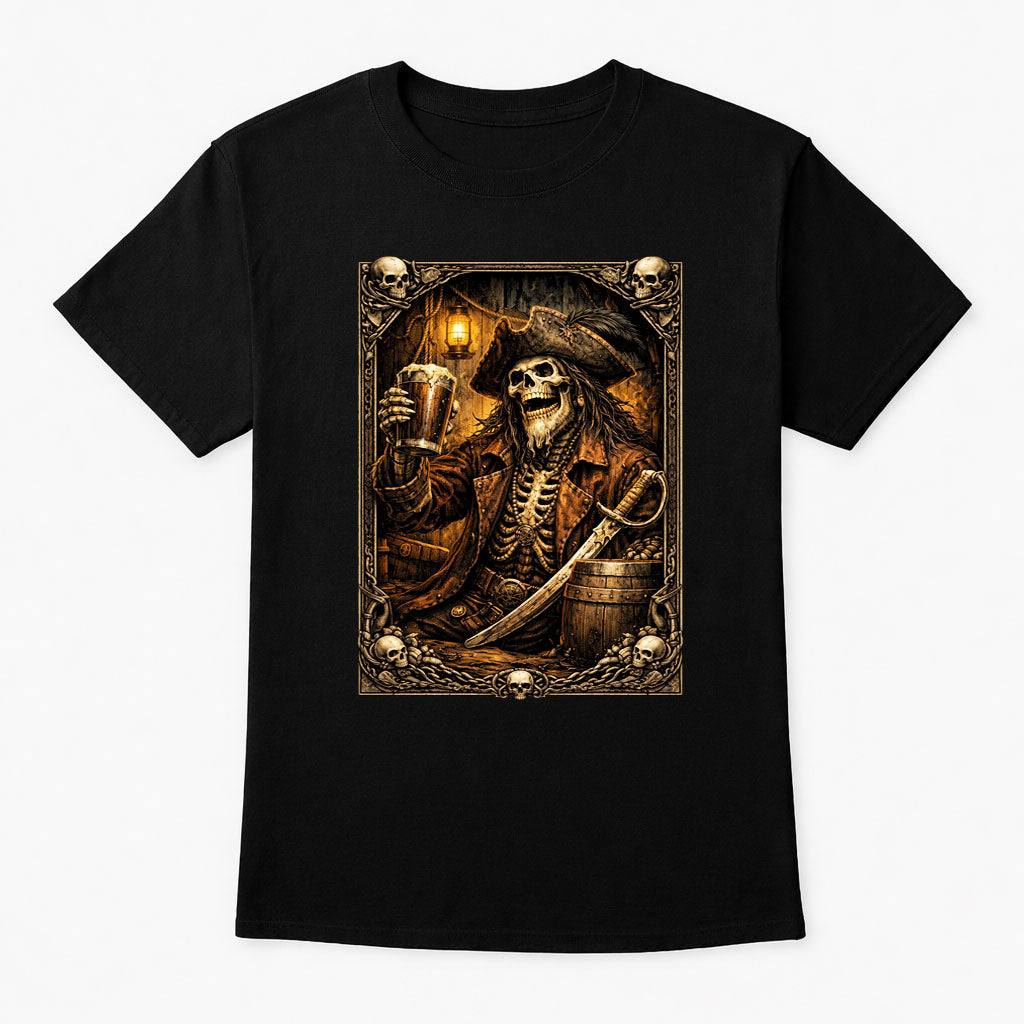 Skeleton Pirate with Rum T-Shirt Unisex Gothic Skull Art Vintage Tee
