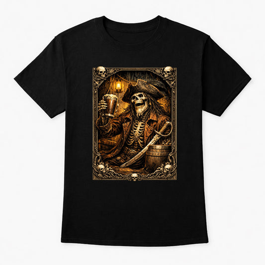 Skeleton Pirate with Rum T-Shirt Unisex Gothic Skull Art Vintage Tee