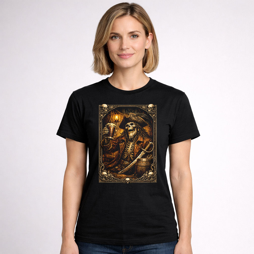 Skeleton Pirate with Rum T-Shirt Unisex Gothic Skull Art Vintage Tee
