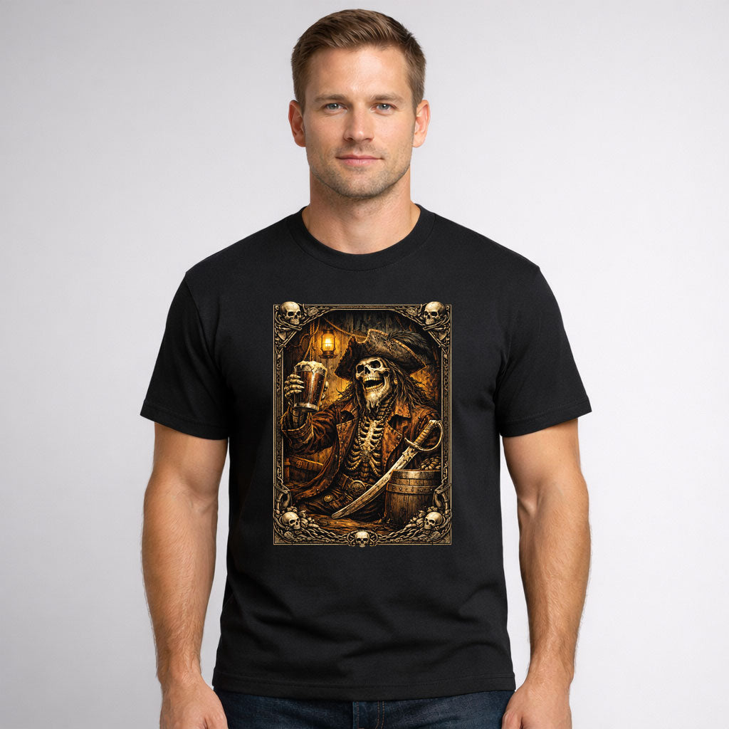 Skeleton Pirate with Rum T-Shirt Unisex Gothic Skull Art Vintage Tee