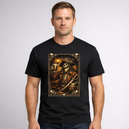 Skeleton Pirate with Rum T-Shirt Unisex Gothic Skull Art Vintage Tee