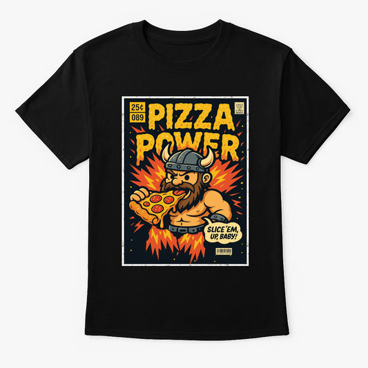 Pizza Power unisex t-shirt featuring cartoon viking eating pizza slice, comic-style food and gym design printed on black cotton tee