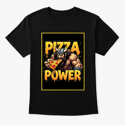 Pizza Power unisex t-shirt featuring cartoon viking eating pizza slice, molten cheese lettering and comic-style gym design printed on black cotton tee
