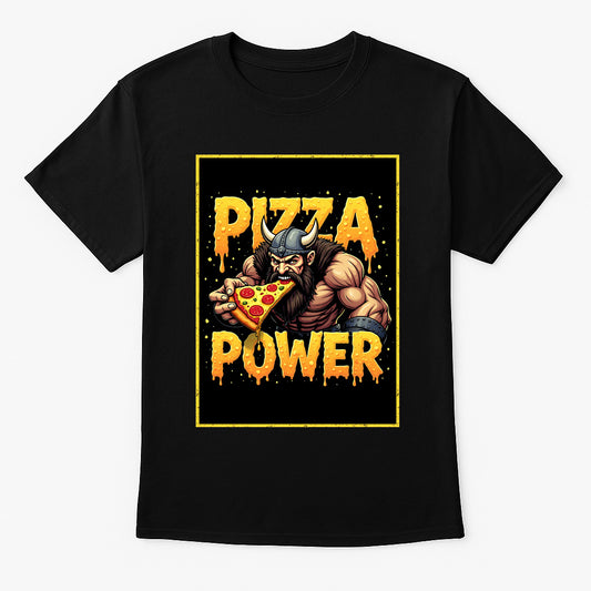 Pizza Power unisex t-shirt featuring cartoon viking eating pizza slice, molten cheese lettering and comic-style gym design printed on black cotton tee