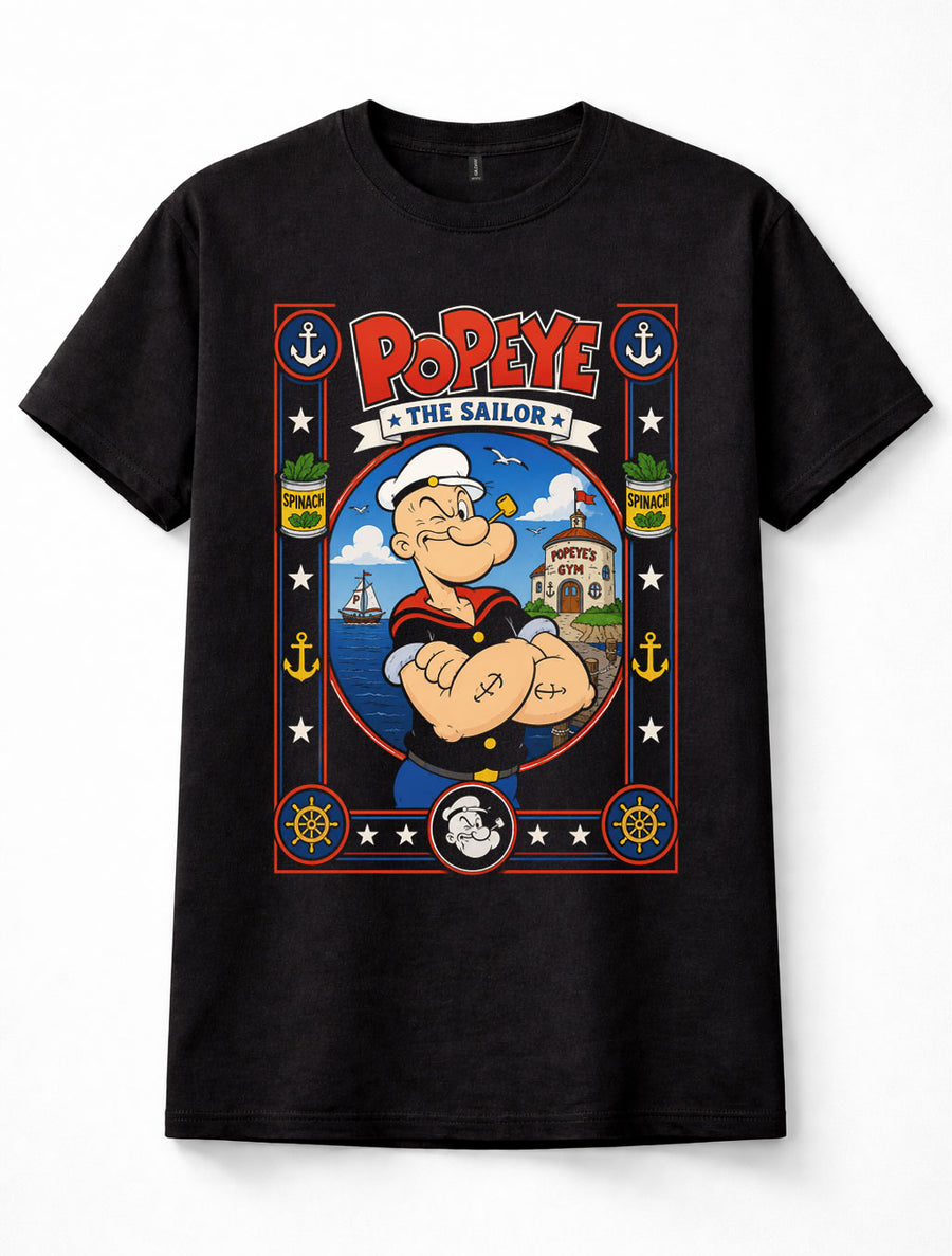Popeye The Sailor Spinach Classic Cartoon Nautical Retro Black Unisex T-Shirt