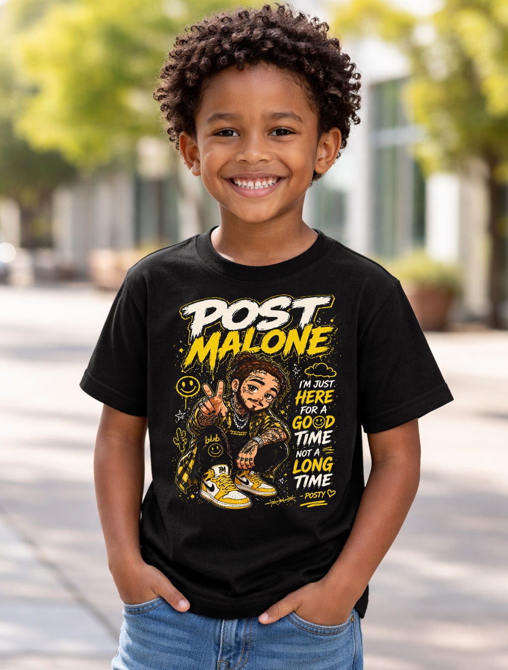 Post Malone Graphic T-Shirt Hip Hop Rap Tee Yellow Black Streetwear Good Time Adults & Kids Unisex T-Shirt