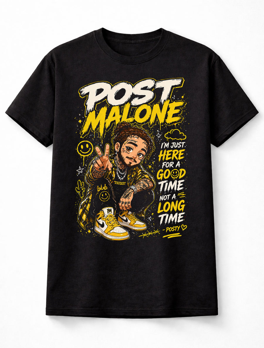 Post Malone Graphic T-Shirt Hip Hop Rap Tee Yellow Black Streetwear Good Time Adults & Kids Unisex T-Shirt