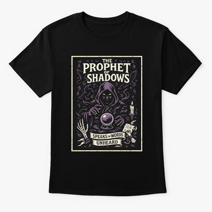 Prophet of Shadows unisex t-shirt featuring hooded seer with crystal ball and skulls, gothic purple and ivory design printed on black cotton tee