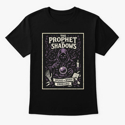 Prophet of Shadows unisex t-shirt featuring hooded seer with crystal ball and skulls, gothic purple and ivory design printed on black cotton tee