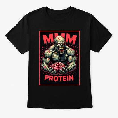 Mmm Protein unisex t-shirt featuring cartoon zombie holding brain with horror comic design, neon red and green gym shirt printed on black cotton tee