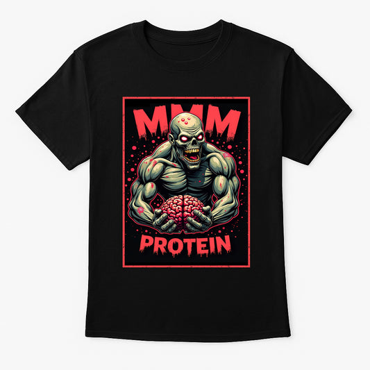 Mmm Protein unisex t-shirt featuring cartoon zombie holding brain with horror comic design, neon red and green gym shirt printed on black cotton tee