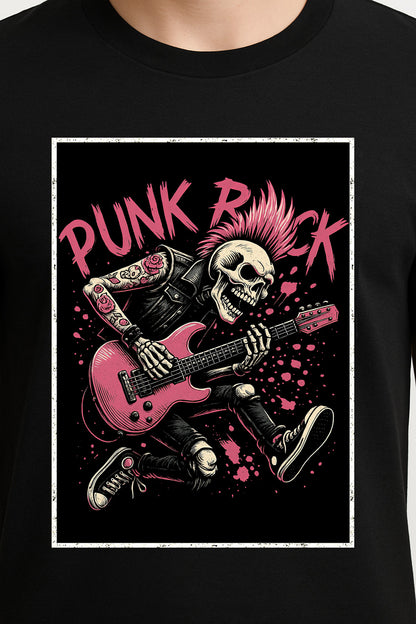 Punk Rock Skeleton Unisex T-Shirt – Rebel Guitarist Bold Alternative Goth Graphic Tee
