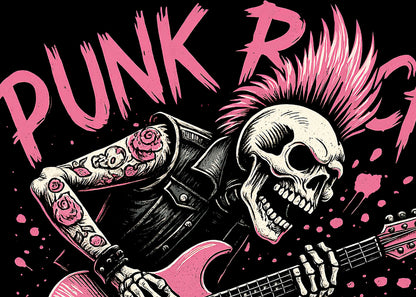 Punk Rock Skull Guitar T Shirt Mohawk Skeleton Punk Music Graphic Tee