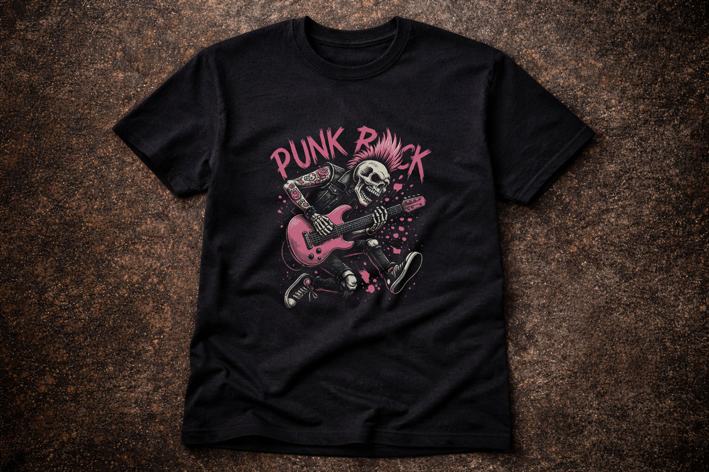 Punk Rock Skull Guitar T Shirt Mohawk Skeleton Punk Music Graphic Tee