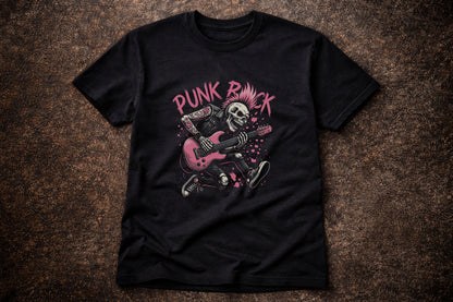 Punk Rock Skull Guitar T Shirt Mohawk Skeleton Punk Music Graphic Tee