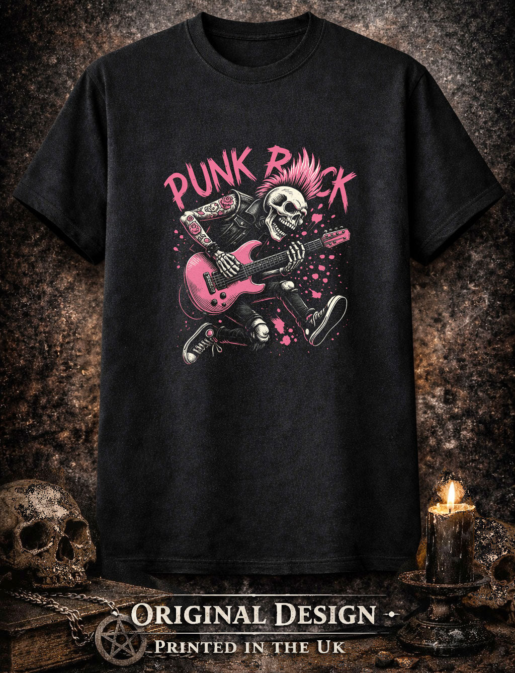 Punk Rock Skull Guitar T Shirt Mohawk Skeleton Punk Music Graphic Tee