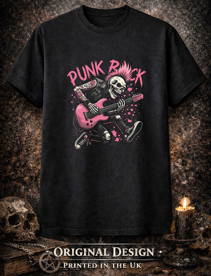 Punk Rock Skull Guitar T Shirt Mohawk Skeleton Punk Music Graphic Tee