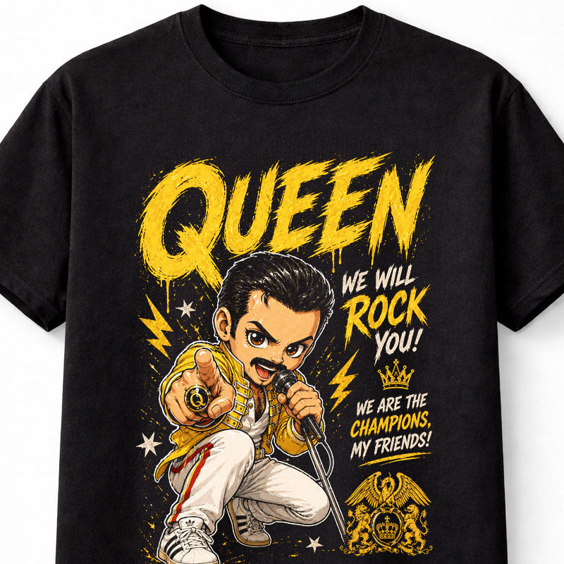 Queen We Will Rock You We Are The Champions Graphic T-Shirt Freddie Mercury Rock Band Fan Tee Classic Rock Music Shirt Adult & Kids Unisex T-Shirt