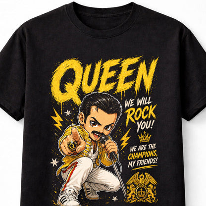 Queen We Will Rock You We Are The Champions Graphic T-Shirt Freddie Mercury Rock Band Fan Tee Classic Rock Music Shirt Adult & Kids Unisex T-Shirt