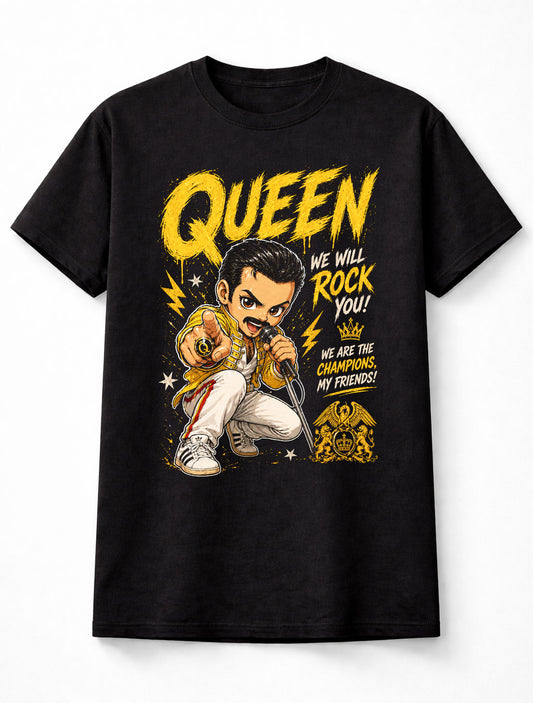 Queen We Will Rock You We Are The Champions Graphic T-Shirt Freddie Mercury Rock Band Fan Tee Classic Rock Music Shirt Adult & Kids Unisex T-Shirt