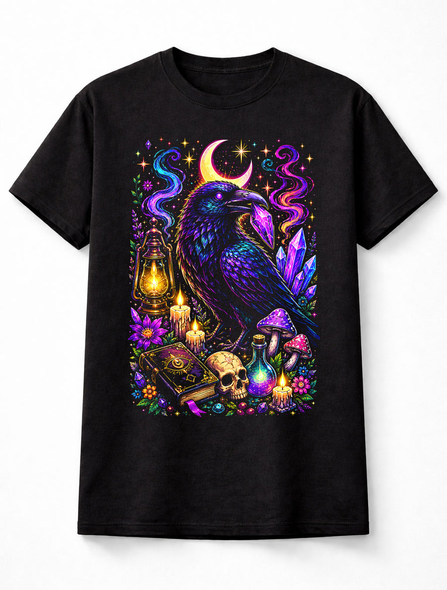 Mystic Raven Gothic Witchcraft Crystal Moon Graphic Unisex T-Shirt