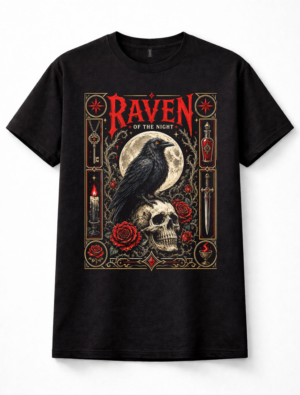 Raven Of The Night Gothic Crow Skull Moon Roses Dark Art Graphic Unisex T-Shirt