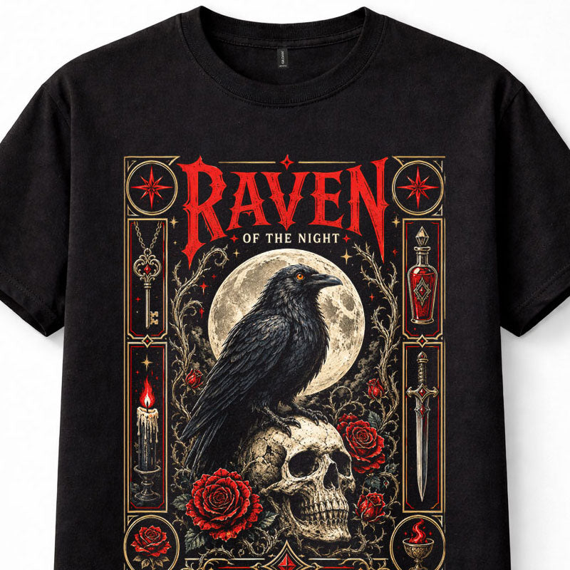 Raven Of The Night Gothic Crow Skull Moon Roses Dark Art Graphic Unisex T-Shirt