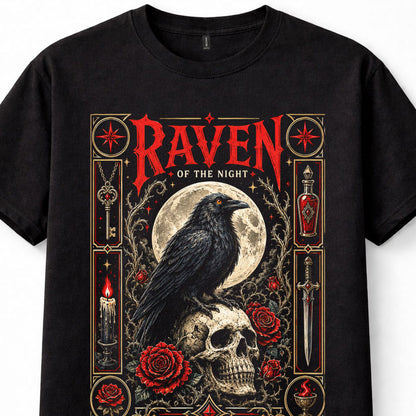 Raven Of The Night Gothic Crow Skull Moon Roses Dark Art Graphic Unisex T-Shirt