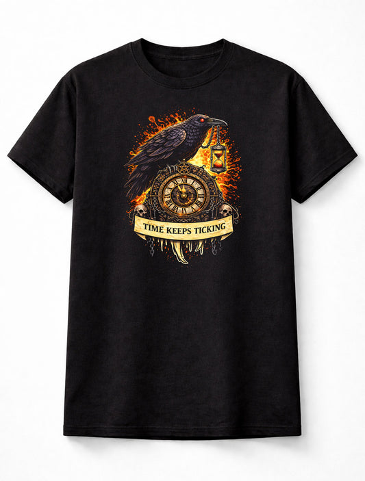 Raven T Shirt Time Keeps Ticking Clock Occult Tattoo Art Tee Unisex Black